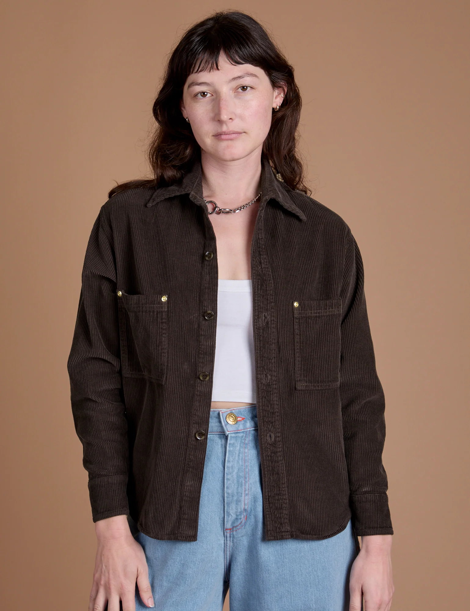 Cropped Corduroy Overshirt - Espresso Brown - Image 3