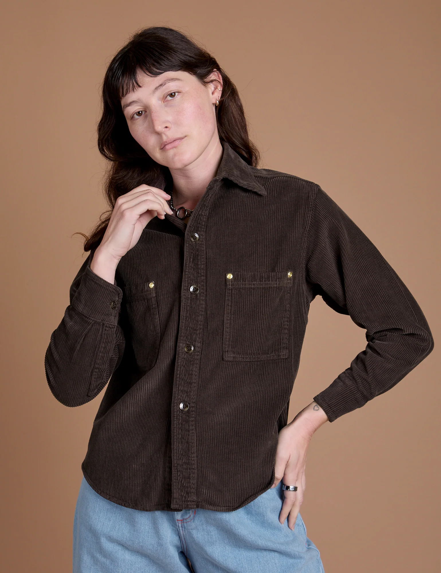 Cropped Corduroy Overshirt - Espresso Brown - Image 9