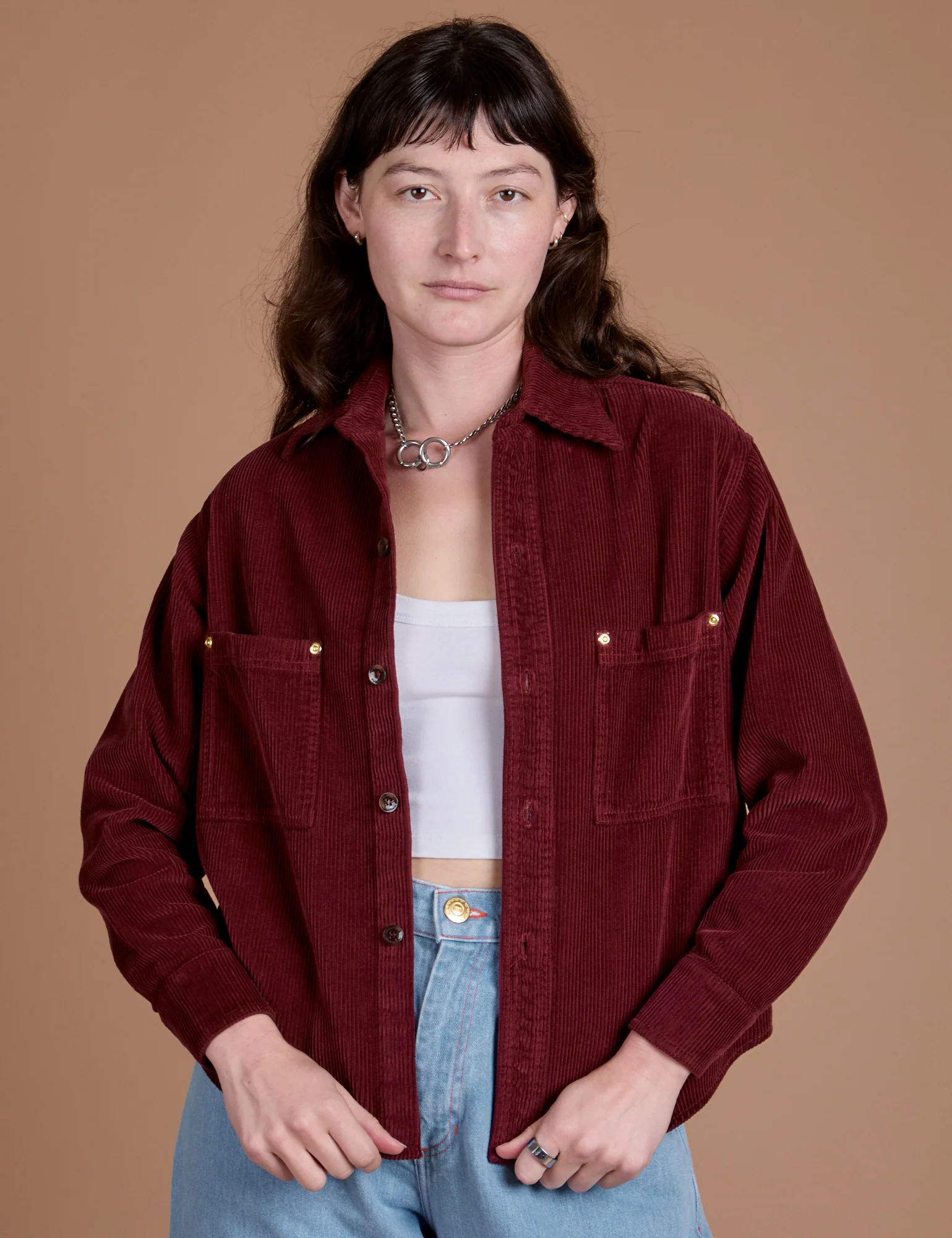 Cropped Corduroy Overshirt - Red Wine - Image 5