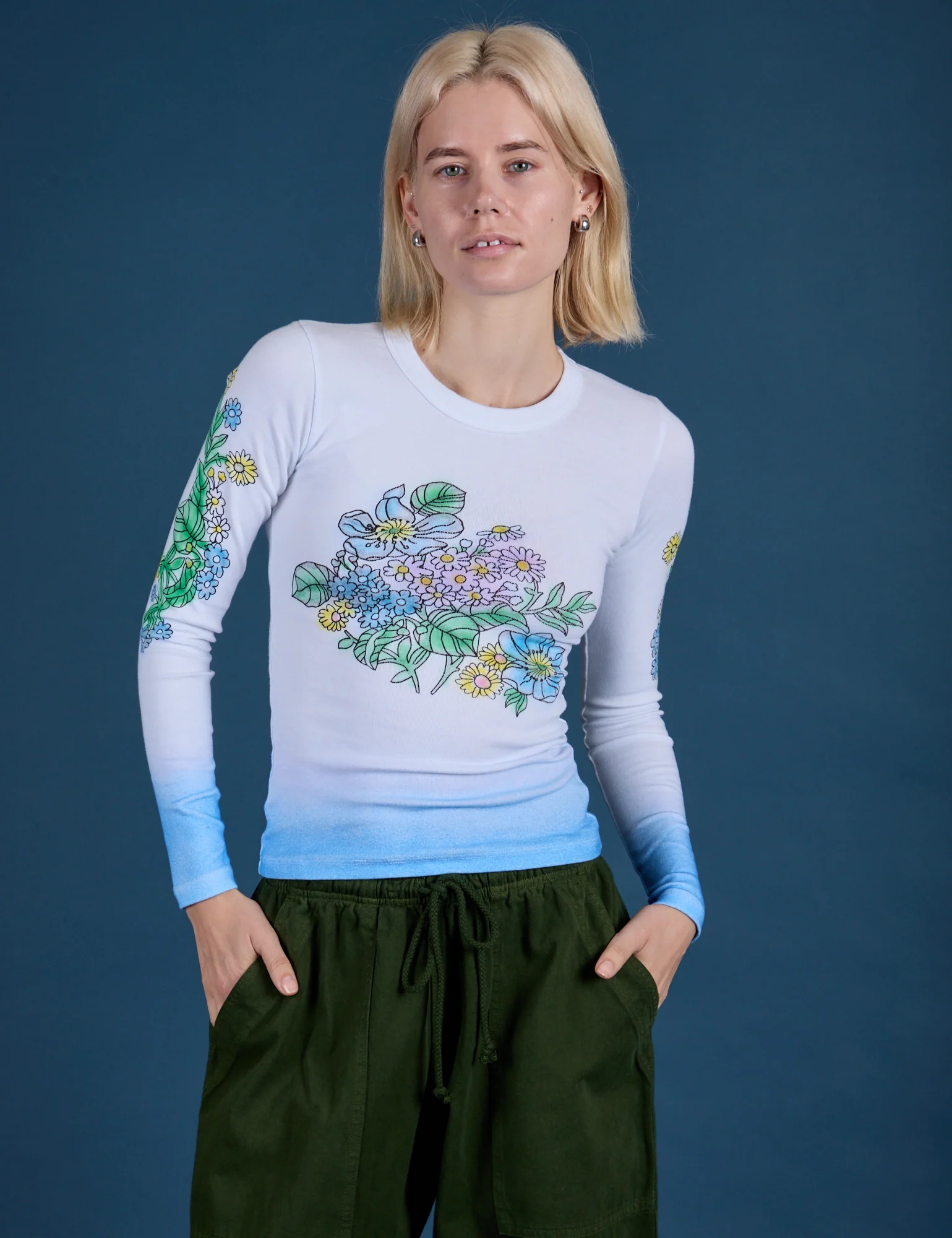 Floral Long Sleeve Baby Tee - Baby Blue - Image 3