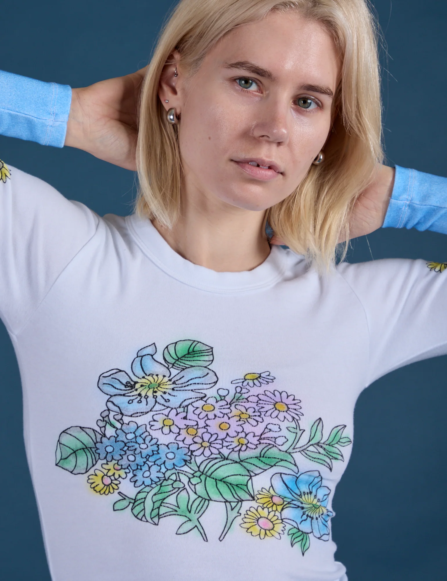 Floral Long Sleeve Baby Tee - Baby Blue - Image 4