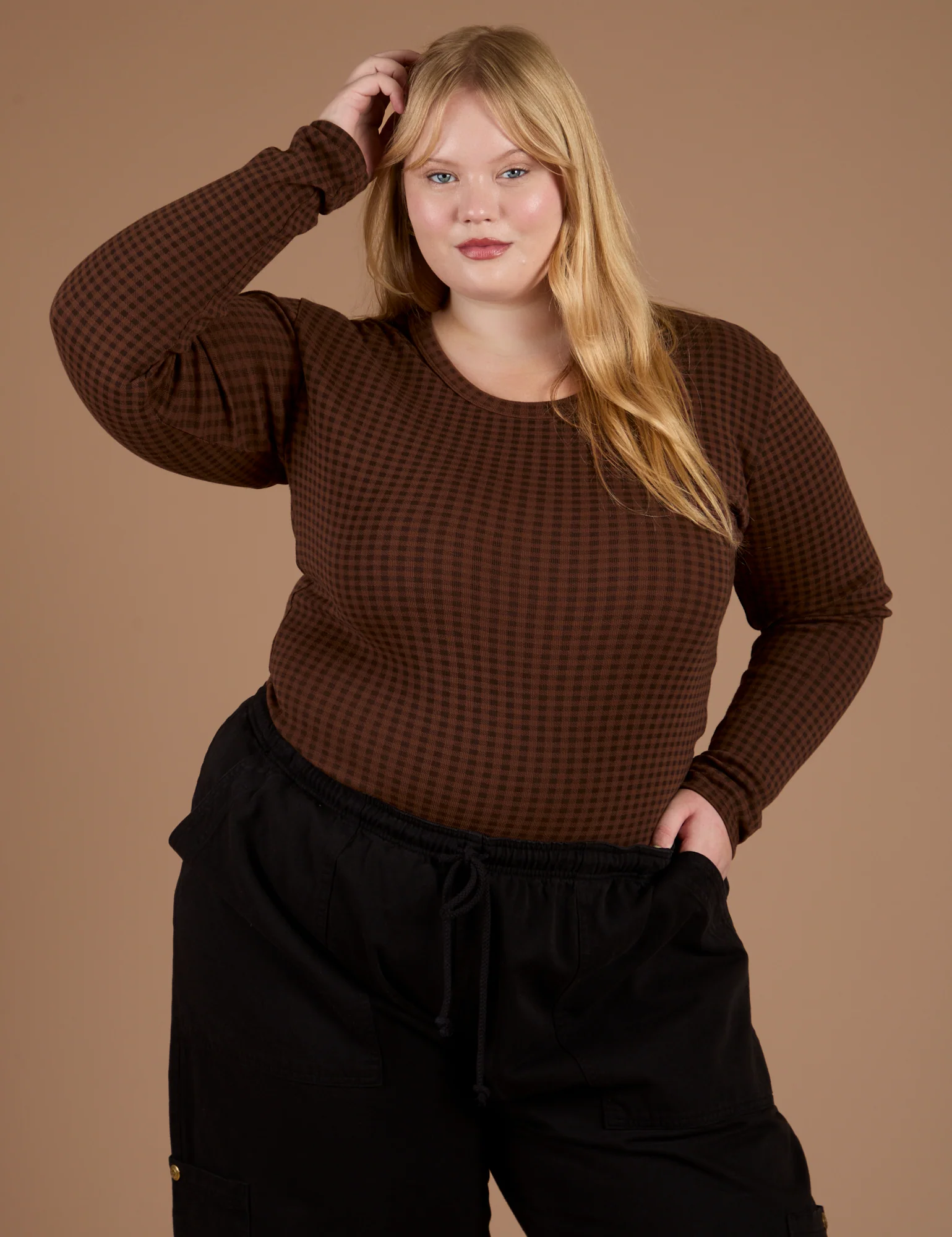 Gingham Long Sleeve Baby Tee - Fudgesicle Brown - Image 11