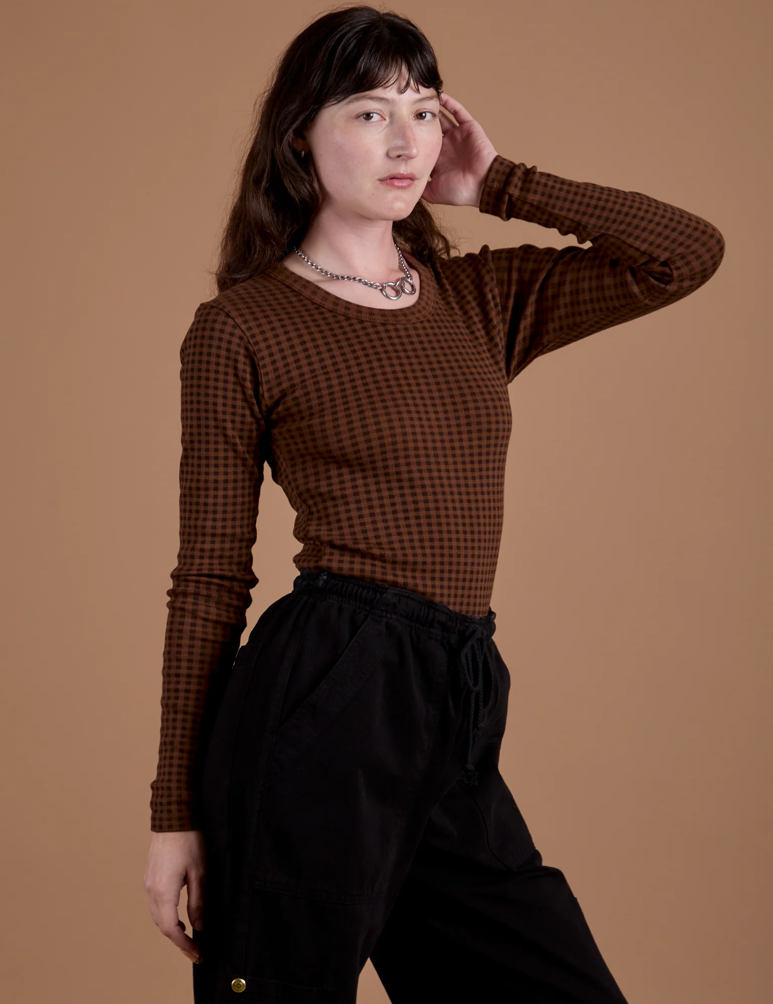 Gingham Long Sleeve Baby Tee - Fudgesicle Brown - Image 6