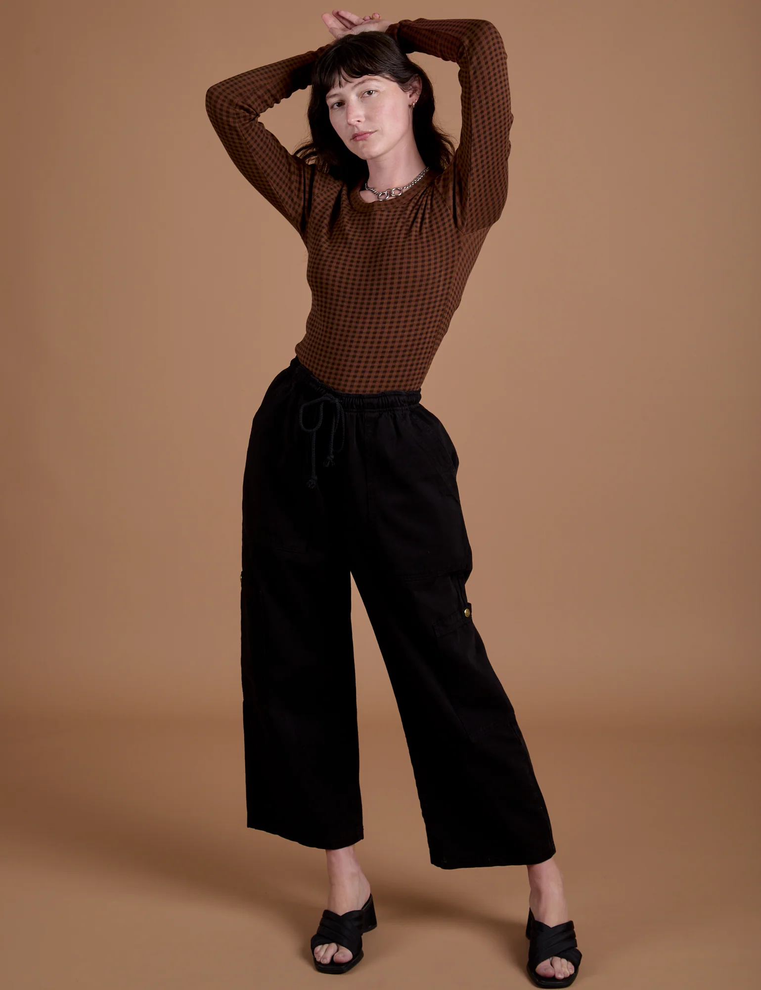 Gingham Long Sleeve Baby Tee - Fudgesicle Brown - Image 7