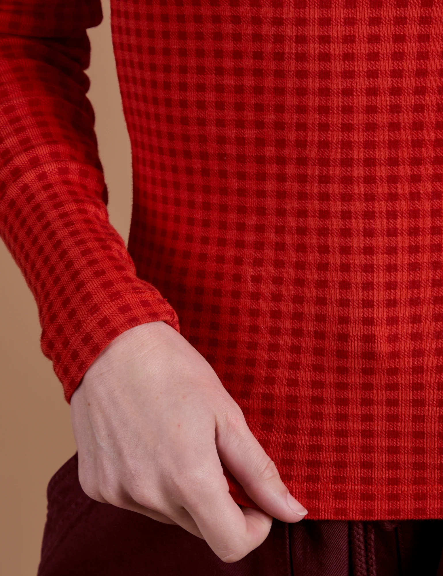 Gingham Long Sleeve Baby Tee - Mustang Red - Image 4