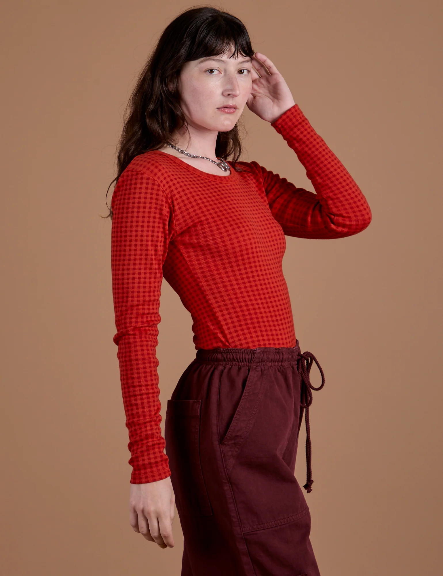 Gingham Long Sleeve Baby Tee - Mustang Red - Image 7